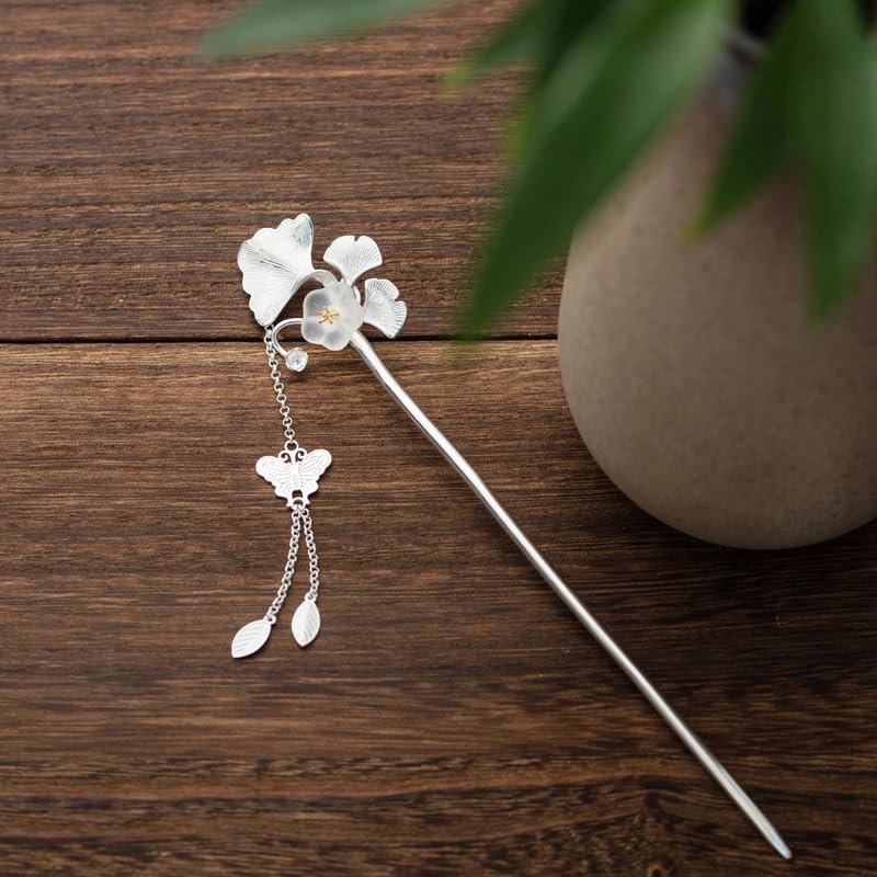 Silver Ginkgo Leaf Hairpin with Jade and Butterfly Tassel - Hanfu Style Hair Accessories for Women