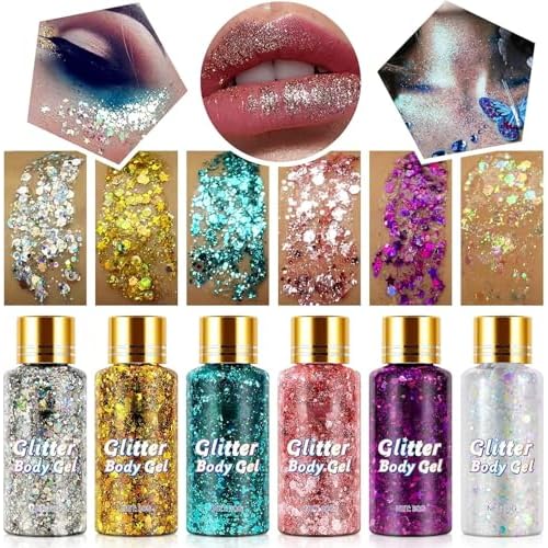 Body Glitter Gel, 6 Colors Body Face Glitter Gel Set for Skin & Hair, Shimmer Liquid Eyeshadow Festival Glitter Makeup, Sparkles Rave Accessories for Holiday, Concerts, Party, Mermaid Series Set