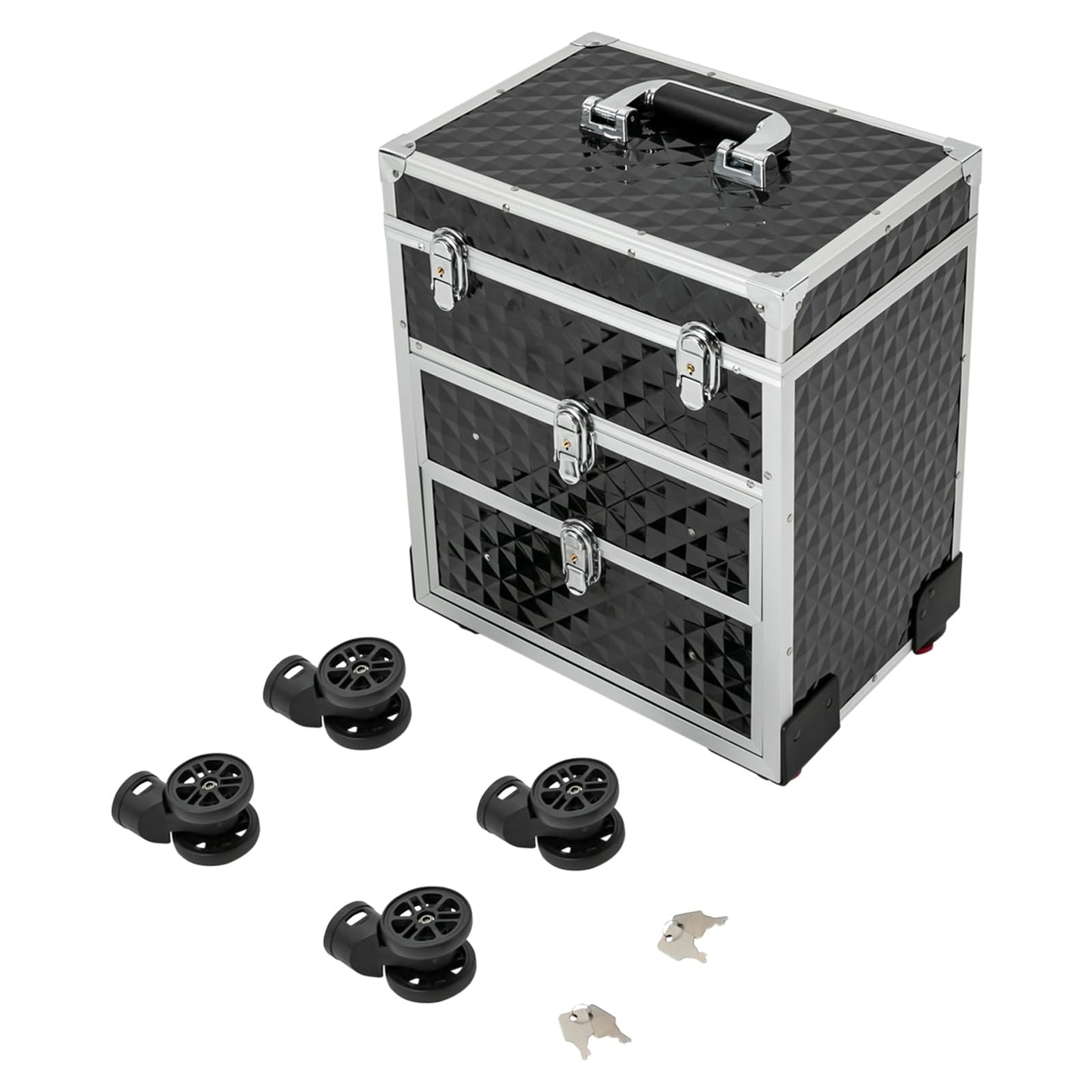 Professional Rolling Makeup Case, Cosmetic Organizer with Sliding Drawers, Makeup Case with 360° Rotatable Wheels