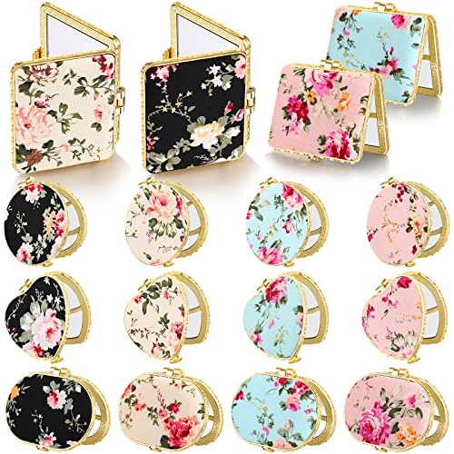 Blulu 16 Pcs Compact Mirrors for Purse Bulk Small Flower Pocket Mirror Vintage Portable Floral Folding Tea Party Favors Return Gifts for Women Christmas Birthday Wedding Makeup Travel(Gold Edge)
