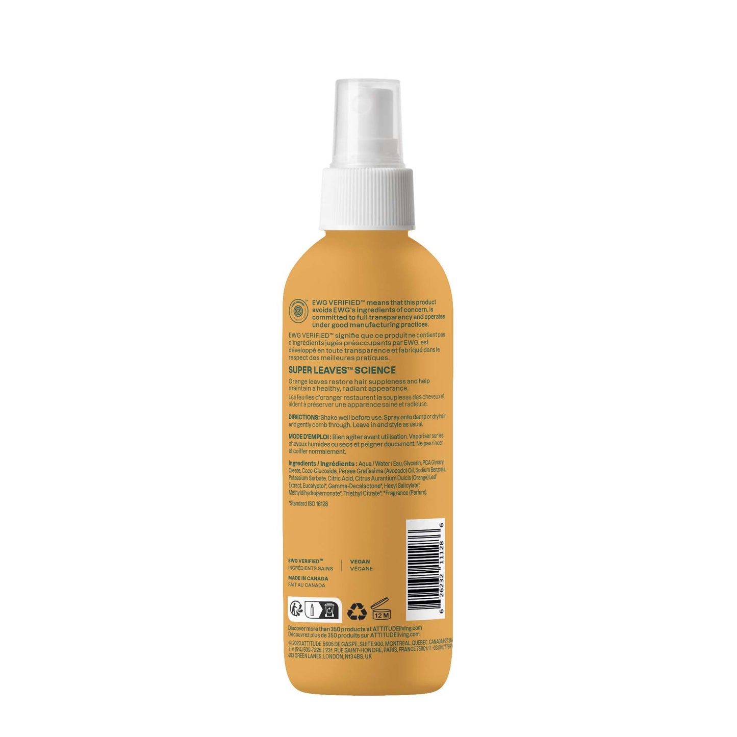 ATTITUDE Detangling Spray, EWG Verified, Plant-Based Ingredients, Dermatologically Tested, Vegan, Orange Leaves, 8 Fl Oz