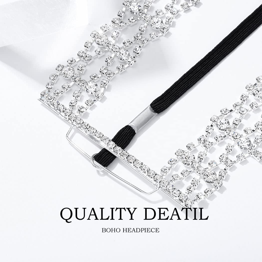 Fdesigner 1920s Rhinestone Masquerade Mask Costume Headpieces Flapper Face Cover Head Chain Jewelry for Women (Silver-Unique)