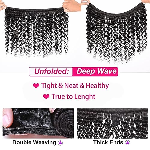 Deep Wave Hair Bundles with Lace Closure - 16 16 18 18 + 14 Inch Human Hair Set - Natural Brazilian Virgin Wave