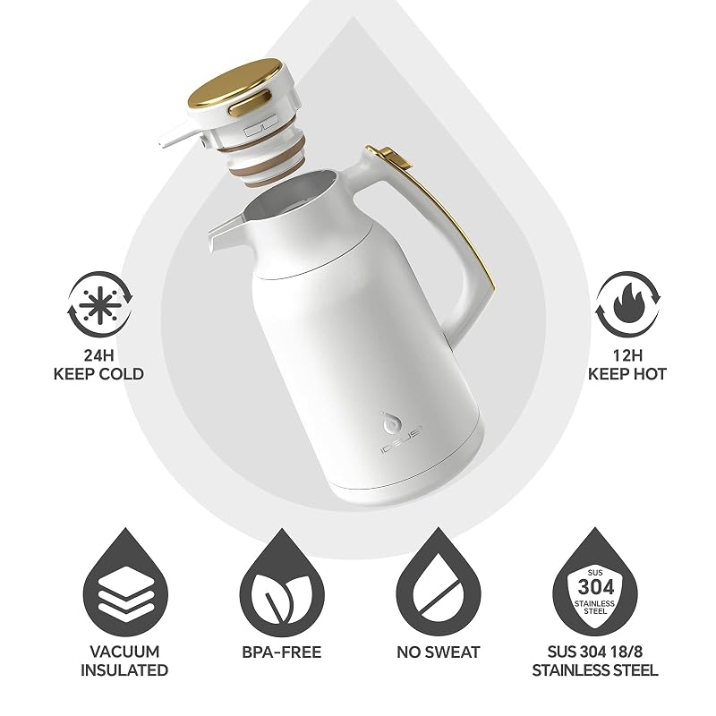 IDEUS 68oz Thermal Coffee Carafe - White-Gold Beverage Dispenser (67.6 oz variant)