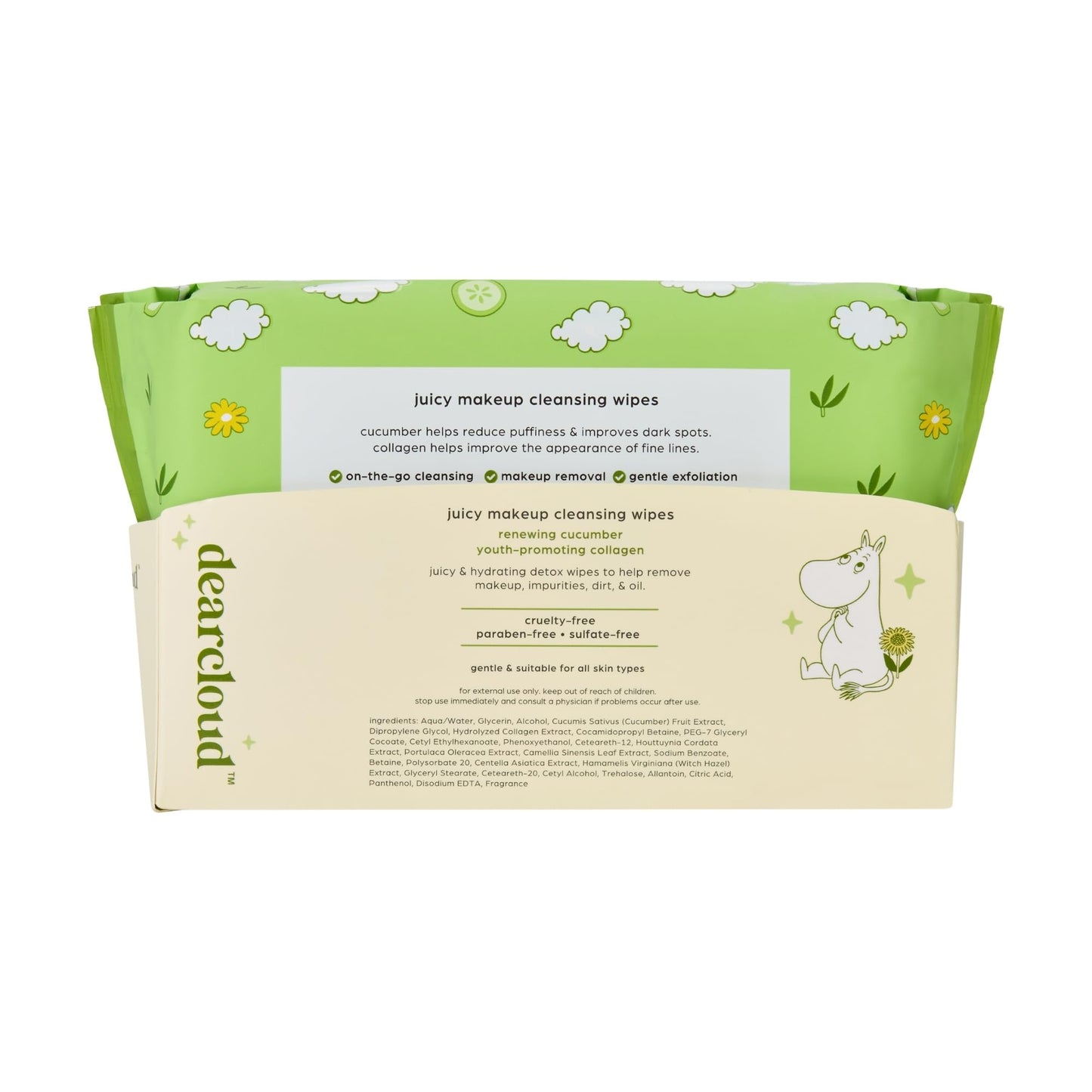 dearcloud Moomin Juicy Makeup Cleansing Wipes - 60 count- Cucumber & Collagen Makeup Remover Towelettes (Renewing Cucumber)