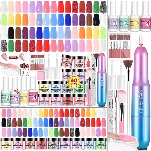 Saviland 60PCS Dip Nails Powder Starter Kit with Drill, Dip Powder Liquid Set for Beginners Proffessional