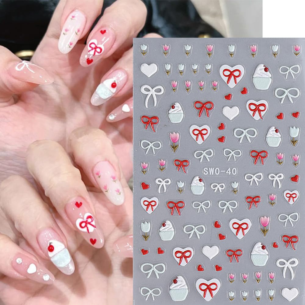 Bow Heart Star Nail Stickers for Nail Art Spring Butterfly Flower Nail Art Stickers Cute Summer Ice Cream Nail Decals 3D Colorful Strawberry Floral Self Adhesive Design Sticker for Women Girls 3PCS