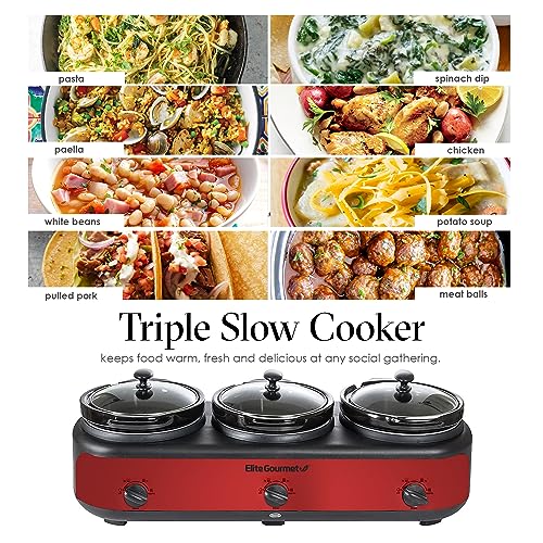 Elite Gourmet Triple Slow Cooker Buffet Set - 3 x 2.5 Qt Red with Removable Stoneware