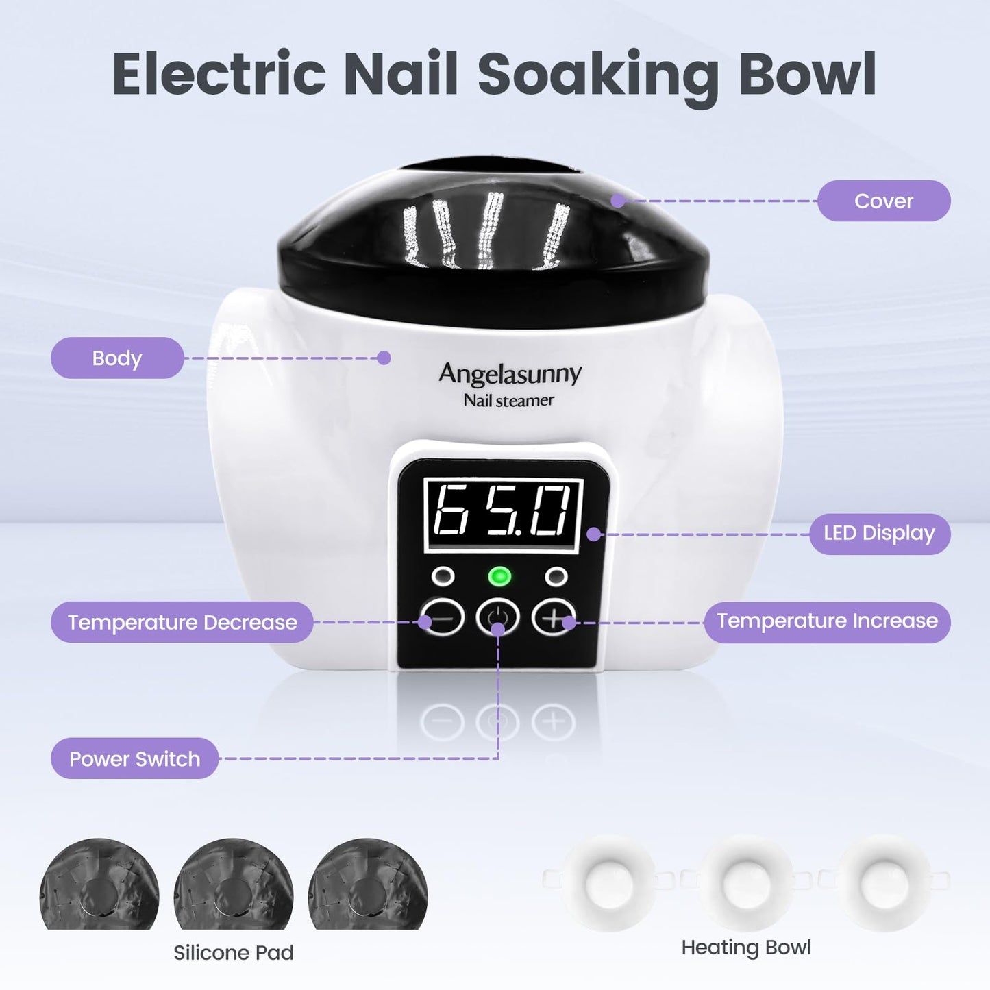 AngelaSunny Electric Nail Steam Remover Machine Nail Soaking Bowl with Manicure Tools – Adjustable Temp, Fast Gel/Dip/Acrylic Remover, LED Display & Acetone-Proof Bowl for Home Salon