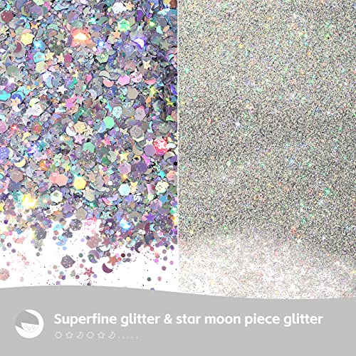 Craft Glitter, 380g Nail Glitter Powder 10 Jars Glitter with Tools,AARDWO Vibrant Multi-Purpose Glitter for Body,Eyeshadow,Cosmetic,Nail Arts,Crafts,Decoration,DIY(Star&Moon Shape, Silver)