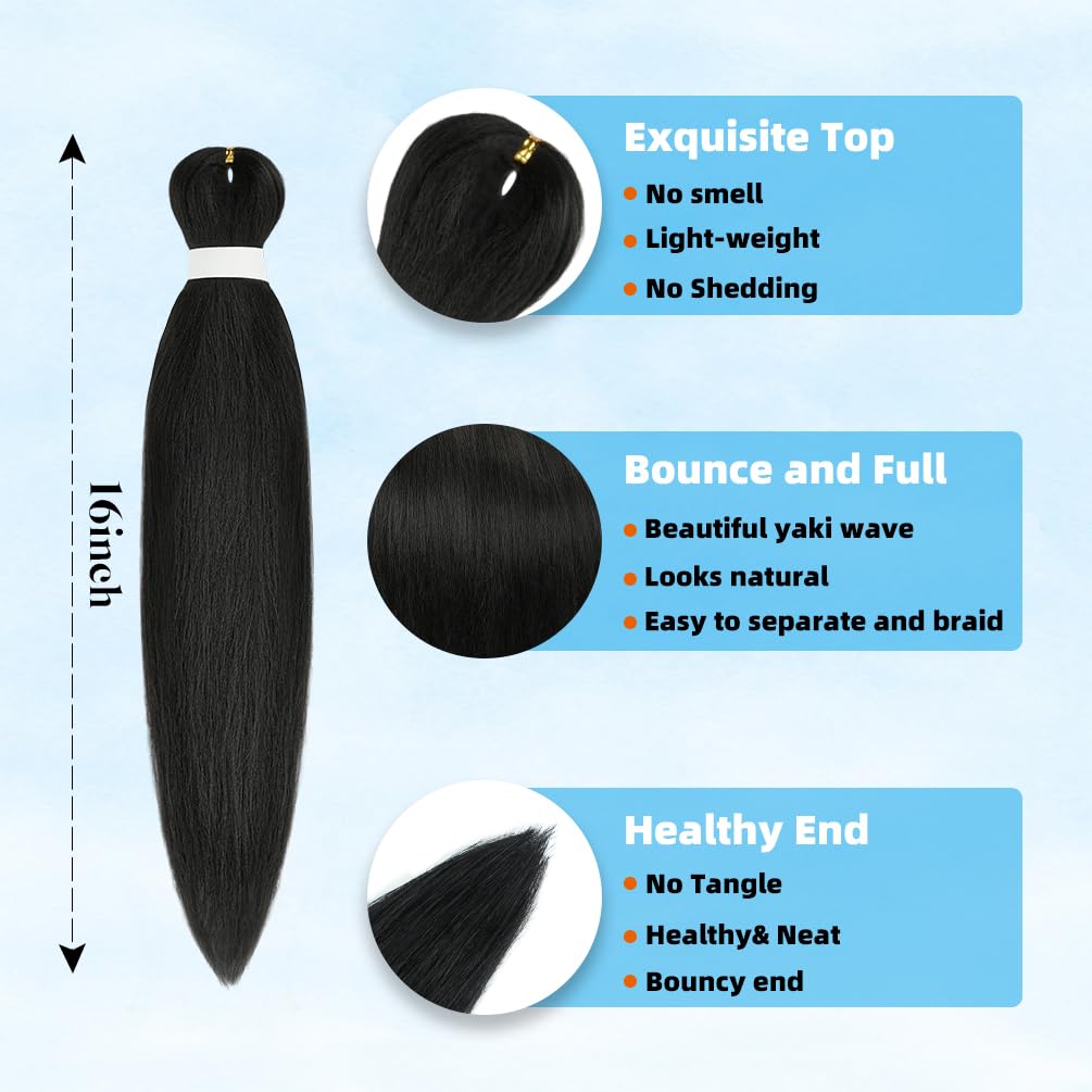 Pre Stretched Braiding Hair 16 Inch 8 Packs Synthetic Braiding Hair Extensions Hot Water Setting Braiding Hair For Black Women Yaki Crochet Twist Braids Itch Free (16 Inch 1B)
