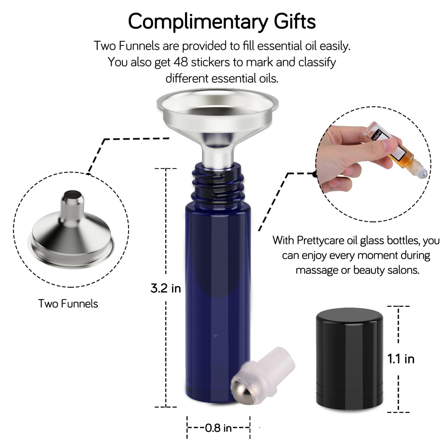 PrettyCare 6 pcs, 10 ml Roller Bottles for Essential Oil with Stainless Steel Roller Ball - Refillable Leak-proof Empty Thick Amber & Blue Glass Roll on Bottles with Black Caps for Travel, Perfume