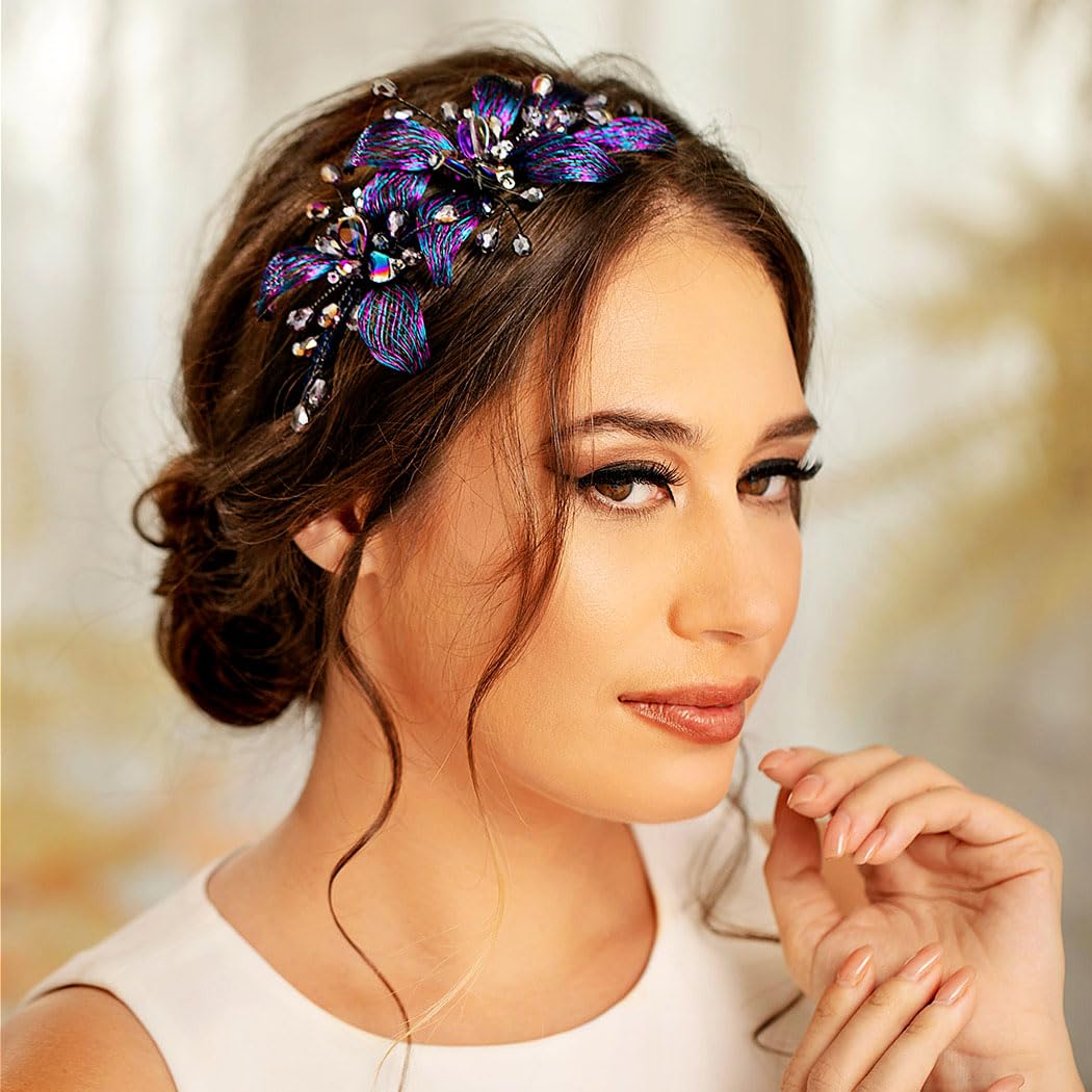 Formery Blue Crystals Bridal Headband Wedding Flowers Bride Hairband Prom Wire Floral Headpiece Hair Accessories for Women