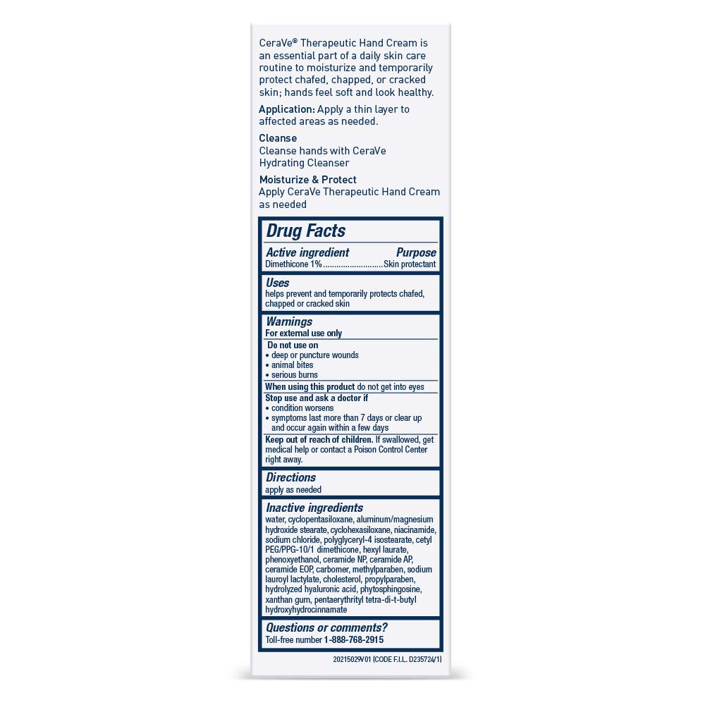 CeraVe Therapeutic Hand Cream for Dry Cracked Hands With Hyaluronic Acid and Niacinamide, Fragrance Free 3 Ounce