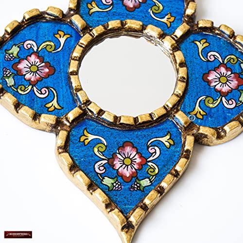 Peruvian Painted Glass Mirror with Bronze Leaf Framed - Handmade Diamond Mirror 6in for Gallery Wall (Blue)