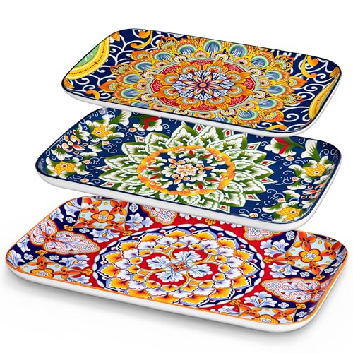 Colorful Serving Platters Set of 3 - Rectangular Ceramic Trays for Dining