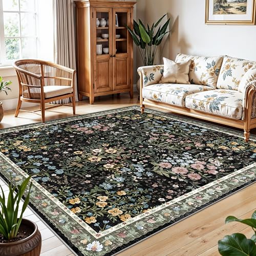 Black Square 7x7 ft Floral Area Rug - Non-Slip, Machine Washable, Indoor Carpet for Living Room Bedroom Office