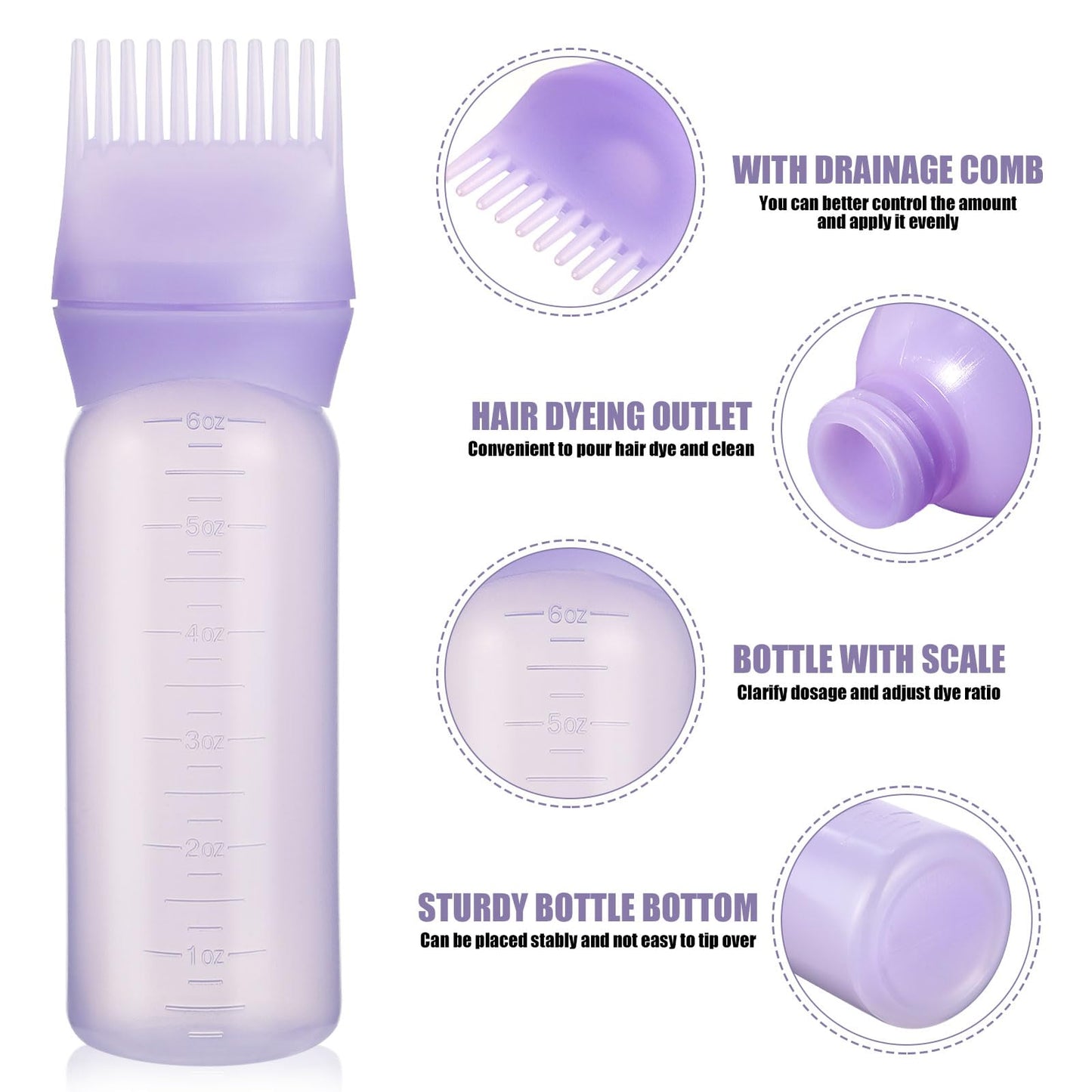 Pimoys Root Comb Applicator Bottle 6 Ounce, Oil Applicator for Hair Dye, Hair Oiling Bottle Brush with Graduated Scale, Purple