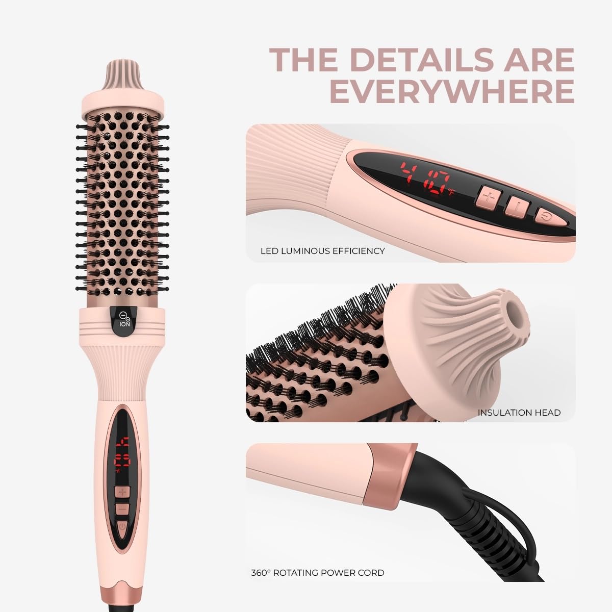 IUIBeauty 3-in-1 Thermal Brush for Hair – Straightens, Volumizes & Curls with Negative Ion Technology, Digital Display, Rose Gold