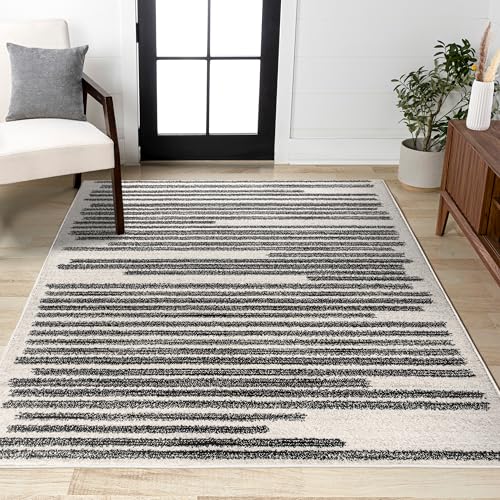 Modern Berber Stripe Area Rug - Cream Black 5'3 x 7'7 - Bohemian, Easy-Clean, Pet-Friendly
