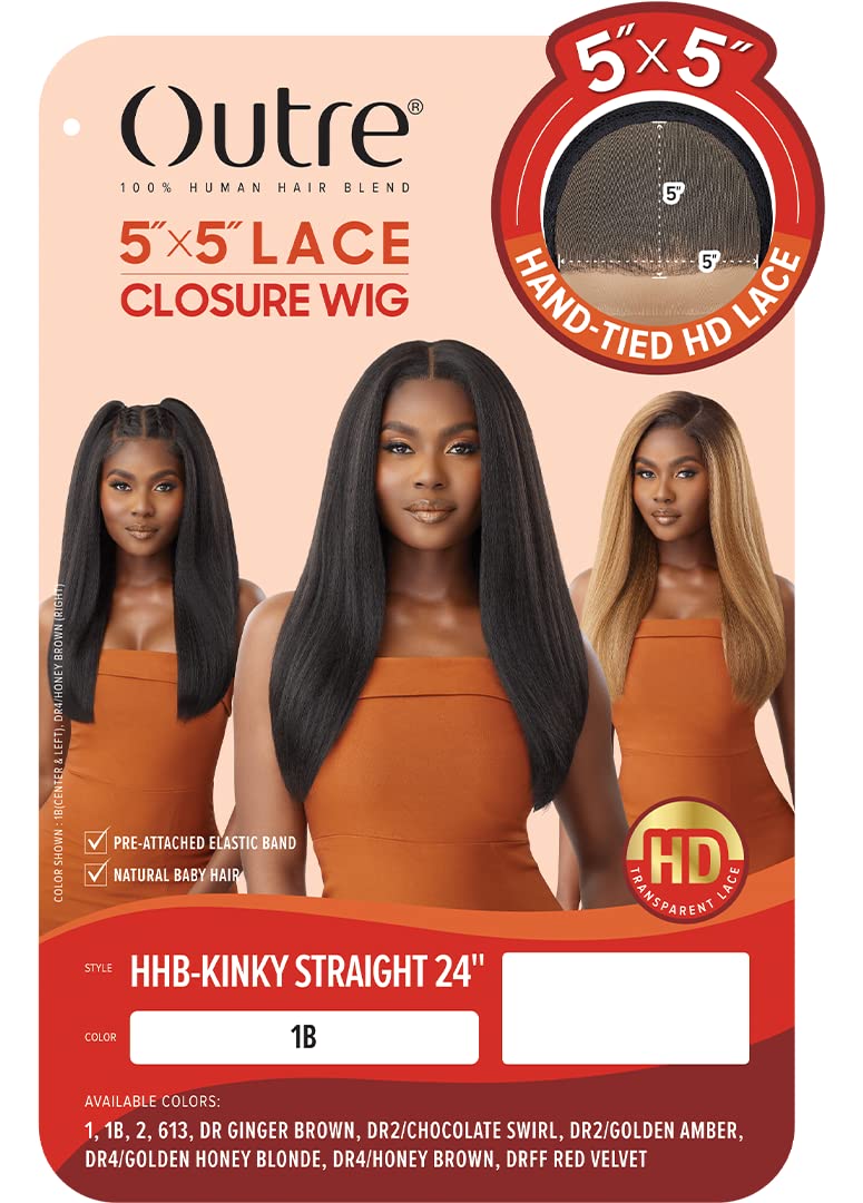 Outre 5x5 Lace Closure Wig - Human Hair Blend Kinky Straight 24" Dark Brown 2