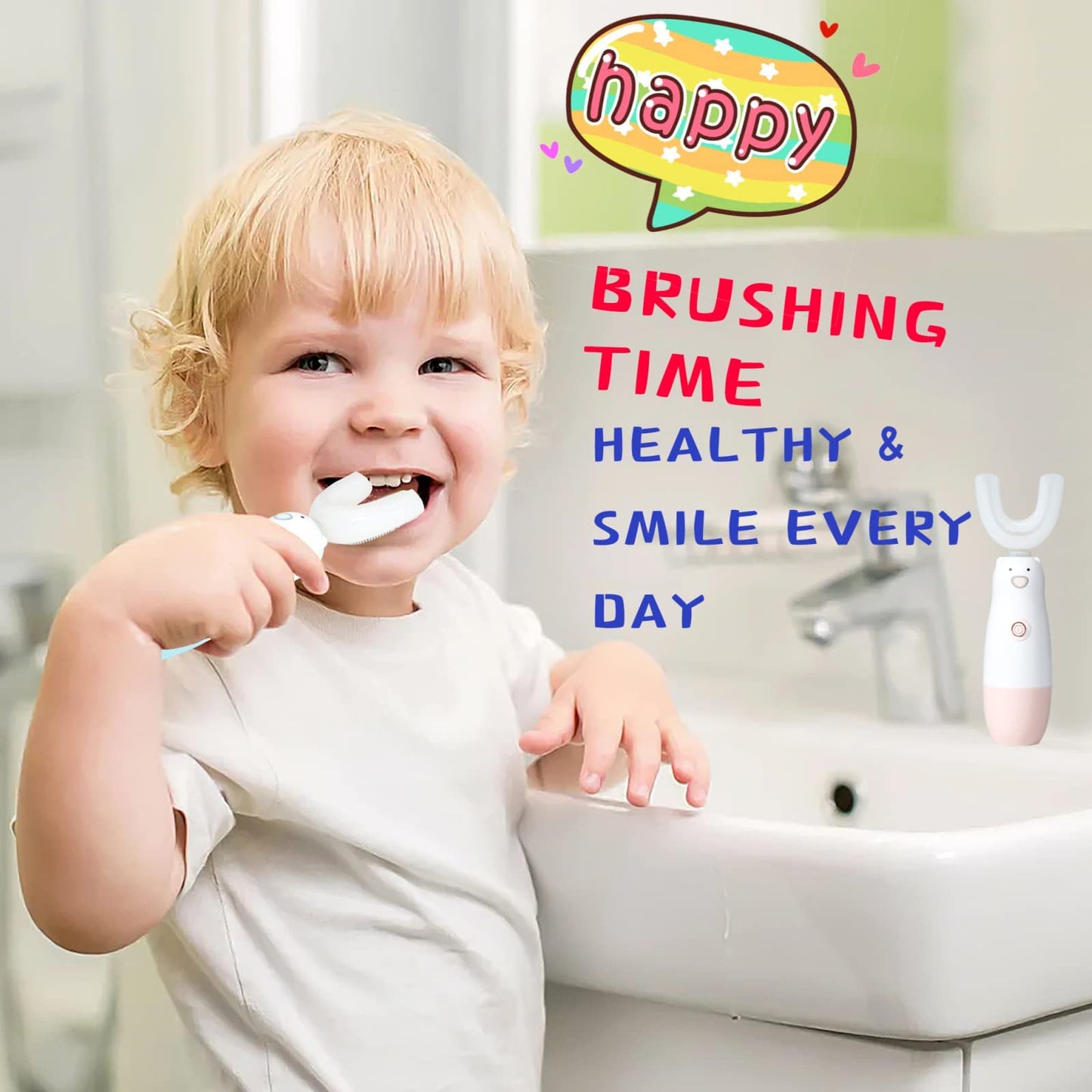 Meqtpomy Kids Electric Toothbrush，U Shaped Toothbrush Waterproof Battery Powered 360 Automatic Sonic Toddler Toothbrushes for 8-13 Years Old for Boys Girls ，with 2 Replacement Brush Heads（Blue）