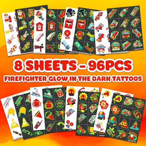 96 PCS Firefighter Firetruck Pre-Cut Luminous Glow in the dark Temporary Tattoos for Kids | Super Cute Themed Birthday Party Favors, Supplies, Decorations, Fake Tattoo Stickers Gifts for Boys Girls