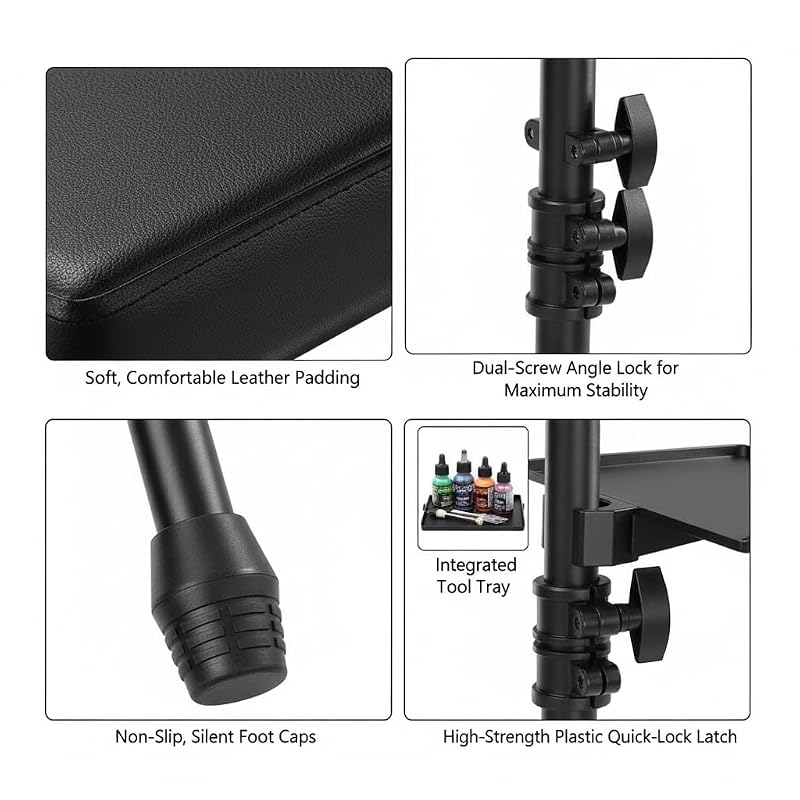 NATUMER Tattoo Armrest Stand with Tray & Tripod Base - Adjustable Height, 360° Tilt & Rolling Tray (Black)