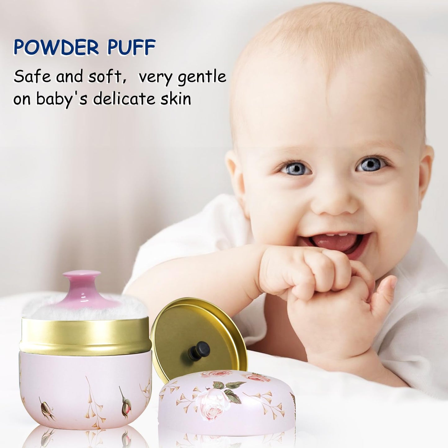 Qopoto Body Powder Puff and Container for Dusting Powder, Women Powder Puff and Powder Case for Bath and Travel (Romantic Flowers)