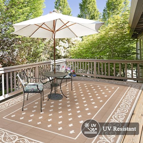 Pauwer 10x14 Waterproof Reversible Outdoor Rug Beige Patio Carpet