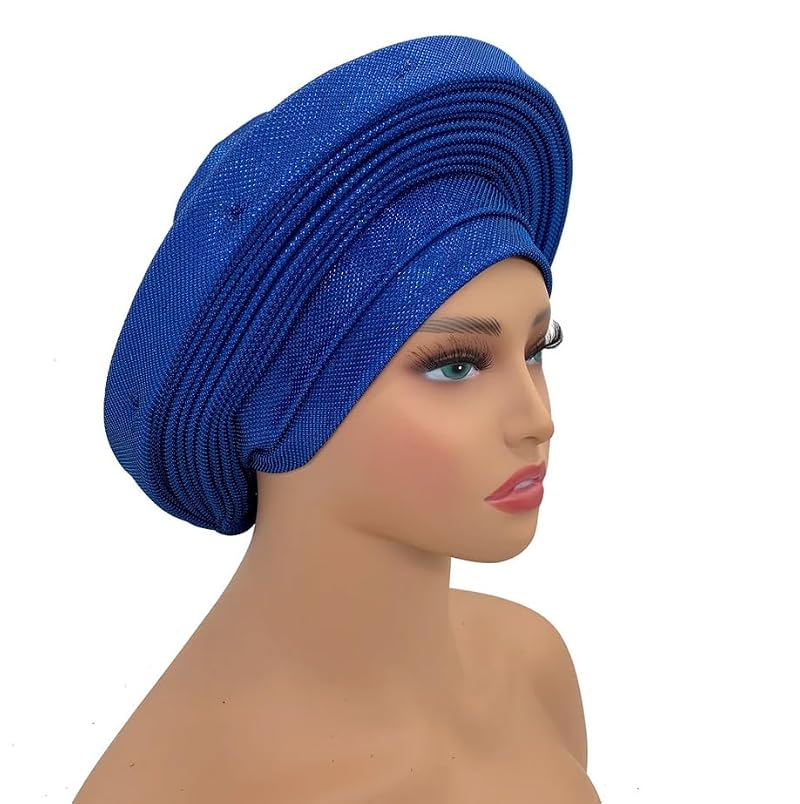 Royal Blue Pre Tied African Headwrap Turban Cap for Women - Nigerian Wedding & Party Head Tie