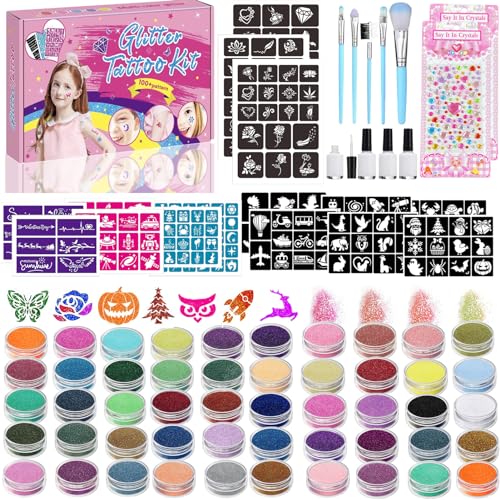 TEUVO Kids Glitter Tattoo Kit with 50 Colors, 199 Stencils, Gems, Glue & Brushes