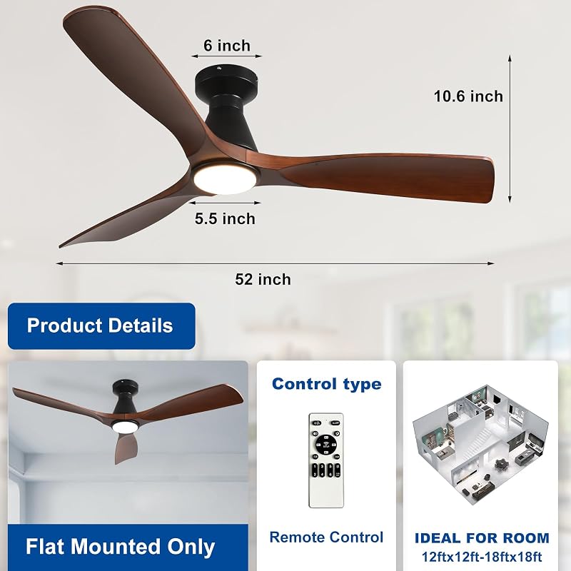 Depuley 52-Inch Walnut LED Ceiling Fan with Light - Remote, Dimmable, 6 Speeds, Sleep Timer