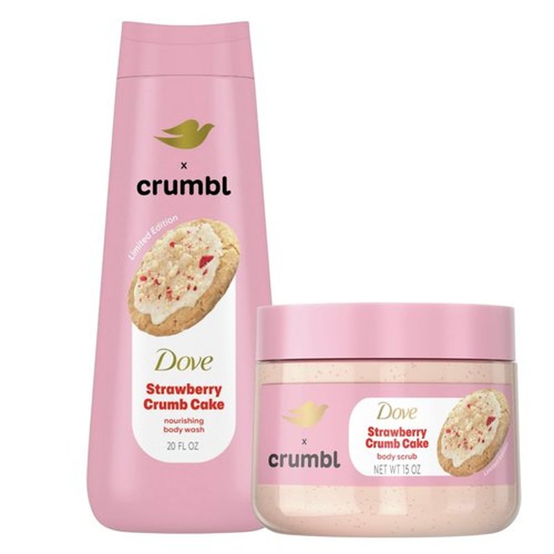 Dove Moisturizing Strawberry Crumb Cake Body Wash & Scrub Combo, 20oz Wash + 15oz Scrub, Limited Edition, Paraben & Sulfate Free, For Body, Improves Skin Texture, Moisturizes