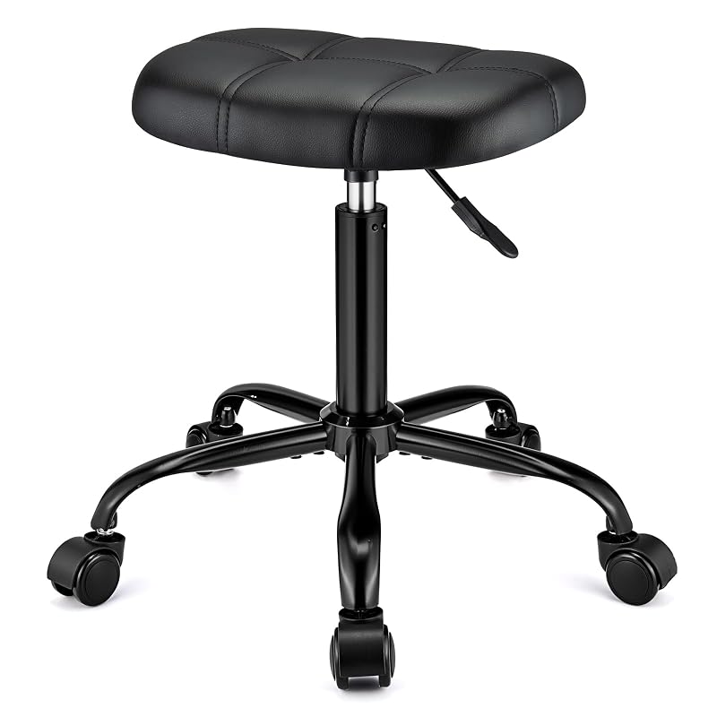 Height Adjustable Rolling Stool with Wheels - Square PU Leather Salon Chair, 19.6-25.5 in