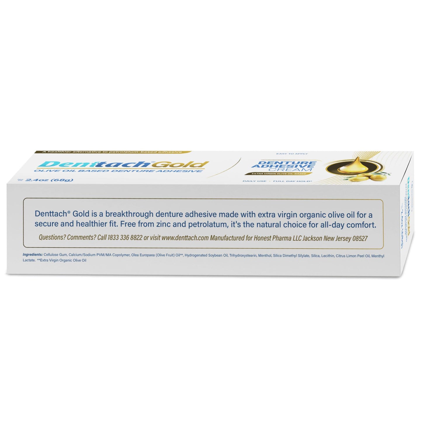 Denttach Gold Denture Adhesive, Petroleum Free Olive Oil Based Premium Denture Adhesive Cream for Full and Partial Dentures, All Day Secure Hold Denture Glue, Zinc Free, 2.4 Ounce