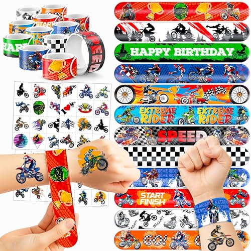 72 PCS Dirt Bike Party Favors - 48 Temporary Pre-Cut Tattoos & 24 Slap Bracelets - Fun Party Favors for Boys & Girls, Birthday Goodie Bag Fillers, Baby Shower Gifts, Classroom Rewards