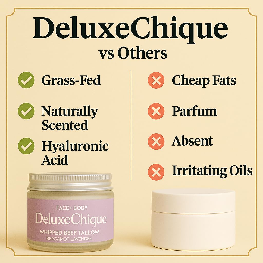 Bekirbech DeluxeChique Whipped Beef Tallow Cream – Grass-Fed Tallow Moisturizer with Hyaluronic Acid, Manuka Honey & Aloe – Lavender & Sandalwood Balm for Dry, Sensitive Skin – 4oz