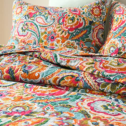 King Size Reversible Cotton Quilt Set with Floral Paisley Pattern - Yellow & Red Variation