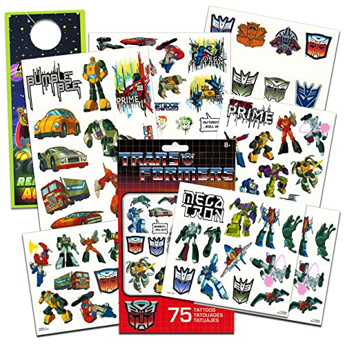 Transformers Temporary Tattoos Party Pack Bundle - 75 Tattoos for Kids Plus Rex-Man Door Hanger (Party Favors)