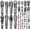 Full Arm Sleeve Temporary Tattoos for Men Women, 46 Sheets Fake Tattoos for Adults, Realistic Lion, Wolf, Eagle, Deer, Flower, Clock, Skeleton Design for Party Concert Daily Accessories