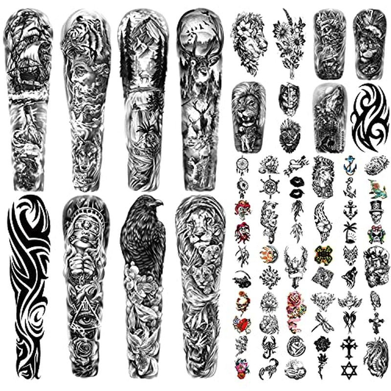 Full Arm Sleeve Temporary Tattoos for Men Women, 46 Sheets Fake Tattoos for Adults, Realistic Lion, Wolf, Eagle, Deer, Flower, Clock, Skeleton Design for Party Concert Daily Accessories