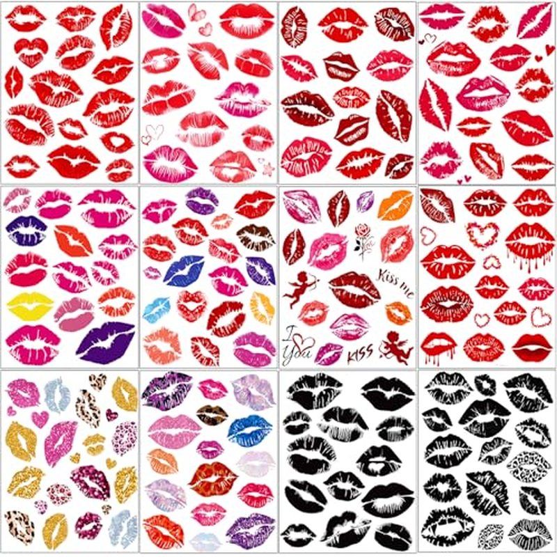180 Pcs Large Size Valentine's Day Party Favors Kiss Lip Temporary Tattoos Stickers for Adult Women, 12 Sheets Bright Red Kiss Lip Print Fake Tattoos for Valentine's Day Costume Accessories
