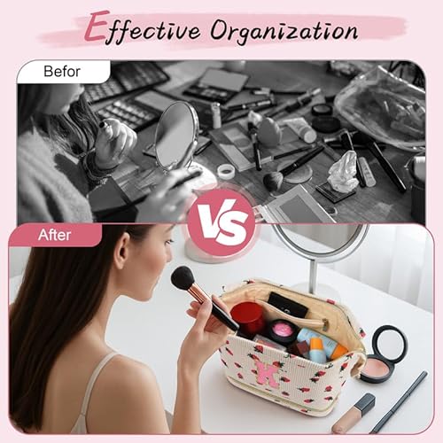 Personalized Initial Makeup Bag,Strawberry Quilted Makeup bag Christmas Gifts for Girls,Double Layer Travel cosmetic Bag with Make up Brush Organizer,Cute Travel Toiletry Pouch-I