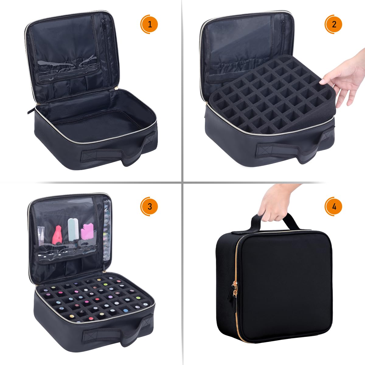 YAHOURWAT Nail Polish Organizer Case - PU Leather Portable Cosmetic Bag Hold 42 Bottles (15 ml/0.51 floz) with Removable Partition (Black)