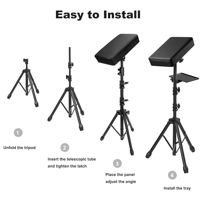 NATUMER Tattoo Armrest Stand with Tray & Tripod Base - Adjustable Height, 360° Tilt & Rolling Tray (Black)