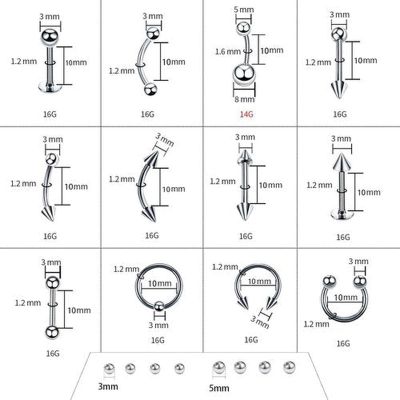 84PCS Body Septum Piercing Kit 14G 16G Tools for Nose Tongue Lip Ear Eyebrow Belly Button Cartilage Tragus Industrial Barbell Helix Daith Piercing Jewelry Clamps