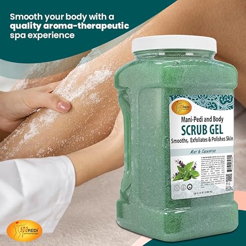 SPA REDI - Exfoliating Scrub Pumice Gel, Mint and Eucalyptus, 128 Oz - Manicure, Pedicure and Body Exfoliator Infused with Hyaluronic Acid, Amino Acids, Panthenol and Comfrey Extract