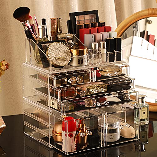 Acrylic 3-Pack Makeup Organizer with 6 Drawers and Top Tray – Stackable Vanity Desk Storage