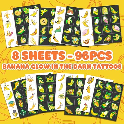 Banana Pre-Cut Temporary Tattoos 8 Sheets 96PCS Yellow Banana Party Decorations Supplies Favors Fruits Theme Birthday Stickers Christmas Gifts for Boys Girls Class School Prizes Carnival (Luminous)